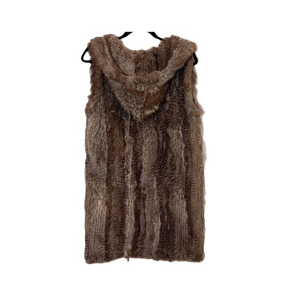 525 America Rabbit Fur Vest Women’s M Hooded Long Genuine Open Front - Picture 2 of 6